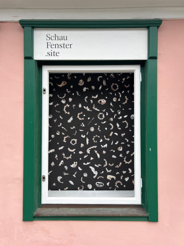 MEERDUNG, Stoffdruck, 120 x 160 cm2025Muschel- und Schneckenfragmente aus dem Südpazifik, gesammelt an den Ufern der Thaya und auf diversen Äckern der Gegend, bilden den Ausgangspunkt der Arbeit 