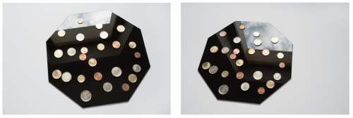 Deko Schwein2-teilig Lambda Prints Je 100x70cm&nbsp;2018Fremde Fotos, die für einen unbestimmten Zeitraum meist nur kurz auf diversen Plattformen im Internet Gegenstände zeigen, die entweder verschenkt oder verkauft werden, sind der Ausgangspunkt für einige meiner fotografischen Arbeiten, so auch bei Deko Schwein. Privatanzeigen bieten Einblicke in Leidenschaften oder Vorlieben anderer, Dinge des ehemaligen Begehrens in Warteposition, getragen, benutzt, abgestellt, ausrangiert. Im Gegensatz&nbsp;zu perfekten Instagram Bildern sind diese meistens beiläufig fotografiert, unscharf, unter- oder überbelichtet und viel zu klein.&nbsp;Im Falle von Deko Schwein beziehe ich mich auf ein winziges überbelichtetes unscharfes Foto eines Dekorationsgegenstandes. Gerade die „Mängel“ sind oft der Auslöser für die Auswahl zur Vorlage. Die Überbelichtung beim „Original” führte zu einem Eingriff eine Materialebene früher, nämlich am abgebildeten Gegenstand selbst: das Polieren der Münzen. @font-face {font-family:Helvetica; panose-1:0 0 0 0 0 0 0 0 0 0; mso-font-charset:0; mso-generic-font-family:auto; mso-font-pitch:variable; mso-font-signature:-536870145 1342208091 0 0 415 0;}@font-face {font-family: